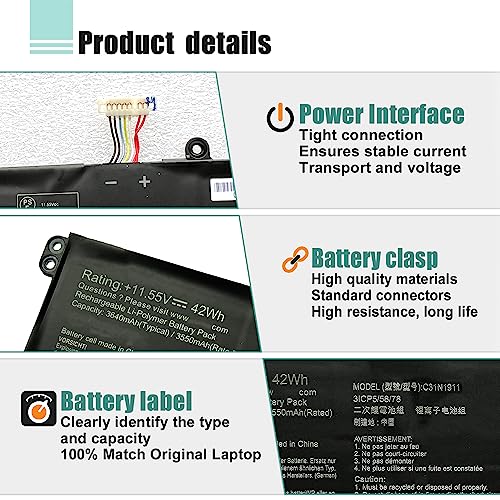 C31N1911 B31N1911 Laptop Battery for VivoBook Flip 14 X1702ZA D413DA TP420IA F413JA TM420IA R413DA X413FA S433EA M413DA K413FA X421DA X421EA X421EP X421EQ V4050FA V433FA S4600FA - size: 10.94*2.91*0.22inch C31N1911