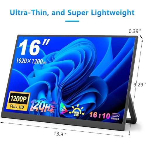 16 Inch 120Hz Portable Gaming Monitor FHD 1200P IPS, USB-C&HDMI, External Monitor for Laptop,Phones, Game Consoles, Ideal for Office,Travel & Dual-Screen Setup - size: 16inch