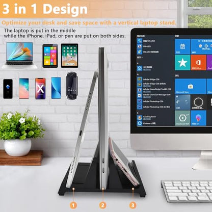 Vertical Laptop Stand Holder, ABS Organizer with Adjustable Dock, All in 1 Design Space-Saving, Sturdy Laptop Computer Holder for PC up to 17.3 inches, MacBook, Mini PC, Pad, Phone (Black, 1 Slot)