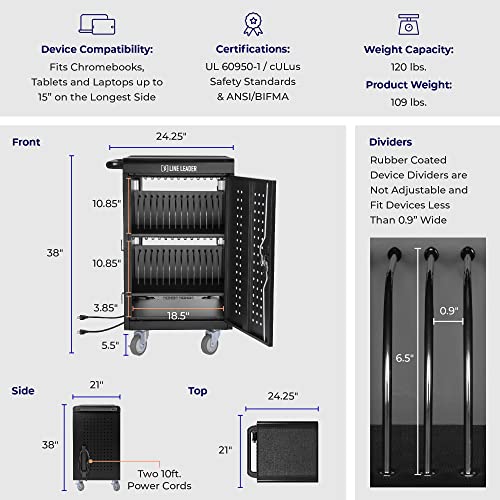 Line Leader 30 Unit Mobile Charging Station Cart w/Locking Cabinet, Standing Computer Charger Stand for Tablets, Laptops, Chromebooks, 5-Min Assembly UL-Certified, ANSI/BIFMA Standard with Power Cord - size: 24.25" x 21" x 38"