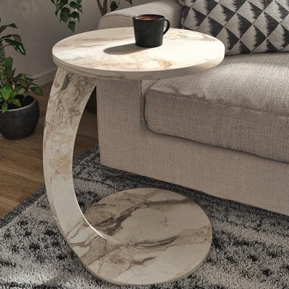 C Shaped End Table for Couch Small Places, Faux Marble Engineered Wood Space Saver Round Side Table for Sofa and Bedside with Wheels, Coffee and Snack Time Tray for Living Room (White Marble) - color: White Marble