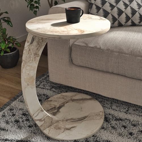 C Shaped End Table for Couch Small Places, Faux Marble Engineered Wood Space Saver Round Side Table for Sofa and Bedside with Wheels, Coffee and Snack Time Tray for Living Room (White Marble) - color: White Marble