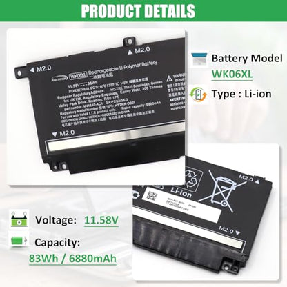 WK06XL Laptop Battery Replacement for HP Omen 16-b0xxx 16-b0000TX 16-B0047TX 16-C0xxx 16-C0167AX Omen 7 Plus 17-ck0xxx 17-CK0007NV 17T-CK100 Series M41640-AC1 M41640-CD1 M41711-005 11.58V 83Wh