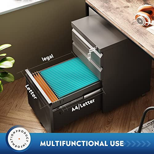 DEVAISE 3 Drawer Mobile File Cabinet with Lock, Under Desk Metal Filing Cabinet for Home Office/Legal/Letter/A4 File, Fully Assembled Except Wheels, Black - color: Black, size: 17"D x 15"W x 24"H