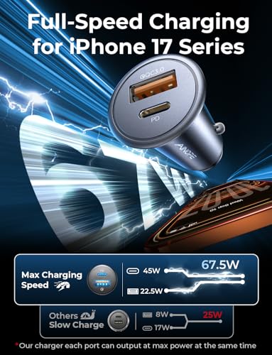 AINOPE 67.5W Cigarette Lighter Adapter Car Charger USB C Fast Charging | [Mini & Metal] PD&QC Cigarette Lighter USB Charger 12V Outlet Plug Socket for iPhone 17 16 15 14 Pro Max, Samsung S26 S25 - color: Black