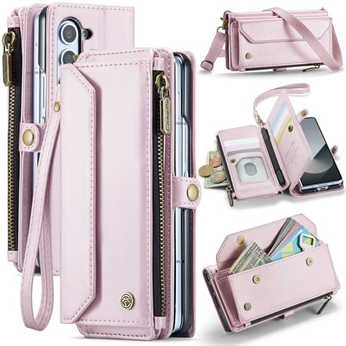 Dteck for Samsung Galaxy Z Fold 5 Flip Wallet Case with Shoulder/Wrist Strap - Built-in Elastic Pen Holder, Card Slots, Pocket, Button Closure, Stand Function, PU Leather Protective Folio Cover, Pink - color: 01_Pink, size: for Samsung Galaxy Z Fold 5