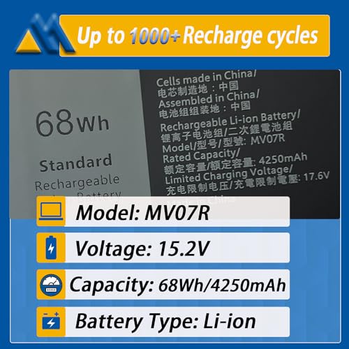 68Wh MV07R Laptop Battery Replacement for Dell G3 15 3500 3590 3700 3790 G5 15 5500 5505 SE Series JJRRD 0JJRRD 266J9 72WGV 072WGV W5W19 0W5W19 PN1VN M4GWP 15.2V 4250mAh - size: 10.43*3.46*0.30 inch MV07R