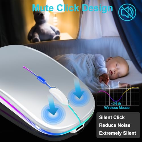 Wireless Bluetooth Mouse for iPad/MacBook Pro/Air/Laptop/pc Rechargeable Silent Mouse Portable Slim for Surface Pro/Lenovo/Samsung Tablet (LED/Silver) - color: LED / Silver