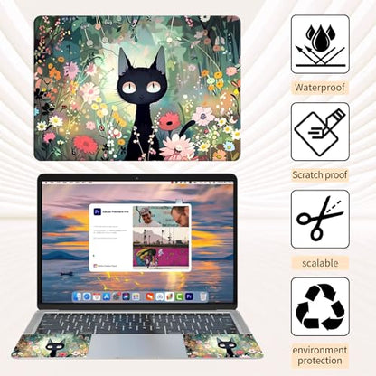 Laptop Skin Sticker 3-Piece Set,Black Cat Among Flowers | Trim-to-fit 3-piece vinyl set with one 15 x 10.6 in lid skin and two palm-rest decals for many 12-15.6 in laptops - color: Black Cat Among Flowers