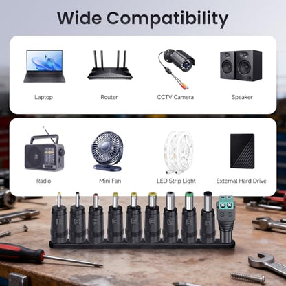 10PCS DC Tip Kit Power Adapter Jack with 5.5x2.1mm Female Base Laptop Plug 2.5x0.7mm/3.0x1.1mm/3.5x1.35mm/4.0x1.7mm/4.8x1.7mm/5.5x1.7mm/5.5x2.5mm/6.3x3.0mm/6.0x4.4mm/LED Terminal Connector
