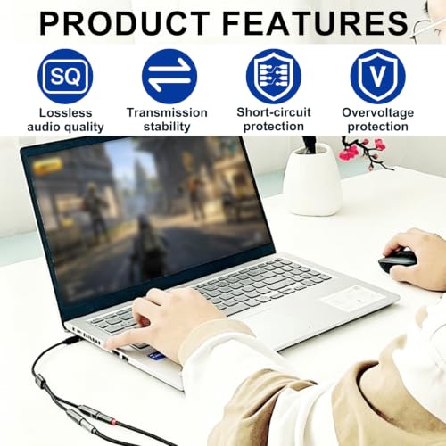 3.5mm Headphone Splitter, 2Pcs Headphone Splitter Audio & Mic Support, Aux Splitter 1 in 2 Out Stereo Y Cable Compatible with Phone, Tablet, Laptop, PC, Switch, MP3