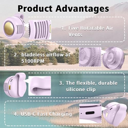 Portable Clip-On Fan, Mini USB Rechargeable 360° Rotatable Fan, 3-Speed Silent Mini Bladeless Fans - color: 1 pack(Purple)