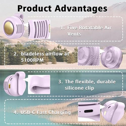 Portable Clip-On Fan, Mini USB Rechargeable 360° Rotatable Fan, 3-Speed Silent Mini Bladeless Fans - color: 1 pack(Purple)