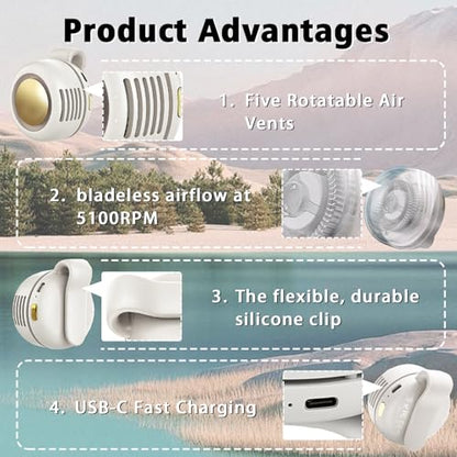 Portable Clip-On Fan, Mini USB Rechargeable 360° Rotatable Fan, Personal Fan 3-Speed Silent Mini Bladeless Fans - color: 2 pack(White+White)