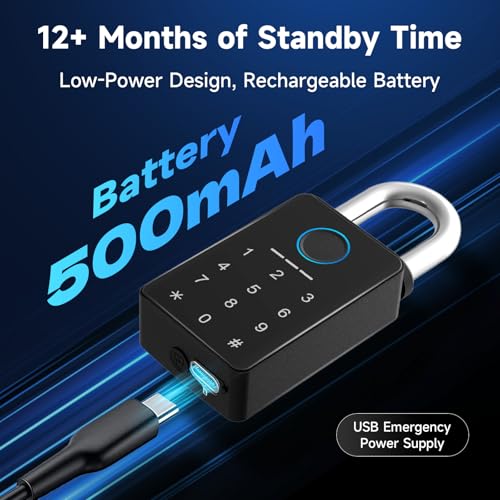 Heavy Duty Fingerprint Padlock with Backup Key | APP Control, Temporary Code, 8mm Hardened Stainless Steel Shackle, 12 Months Battery Life, IP67 Weatherproof - size: 5/16" Shackle