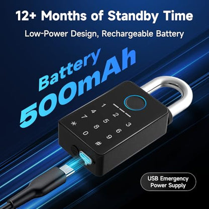 Heavy Duty Fingerprint Padlock with Backup Key | APP Control, Temporary Code, 8mm Hardened Stainless Steel Shackle, 12 Months Battery Life, IP67 Weatherproof - size: 5/16" Shackle