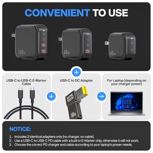 USB C to DC Adapter, Type C to DC with Built-in PD and E-Mark Smart Chip for Lenovo Square Port, Input 20V ⎓ 3.25A, USB C to Laptop Charger (2-Pack)