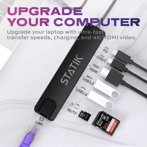 STATIK UltraHub Powered USB C Hub - Multiport Adapter - 8-in-1 Docking Station with 4K USB C HDMI, 100Mbps Ethernet, SD/TF Card Reader & Laptop Dock