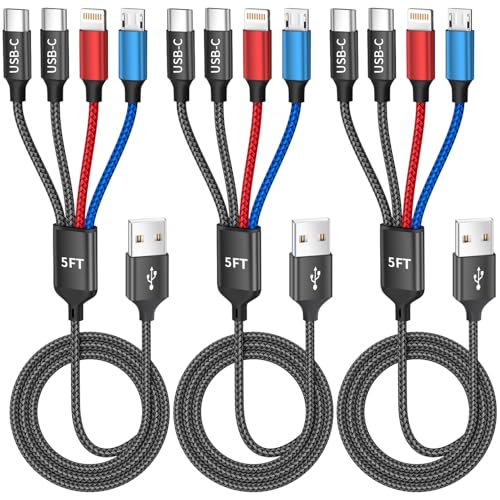 4 in 1 Multi Charging Cable, Charging Cords for Multiple Devices 3Pack 5FT | USB Cable with Dual Type-C/IP/Micro, Universal Phone Charger Cord for iPhone17-8, Android Pad and More, Car Accessories - color: Black&Red&Blue, size: 3Pack 5FT