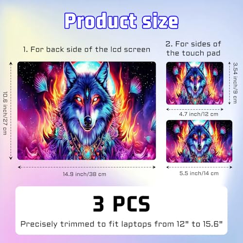 Universal Laptop Skin Sticker Decal, Compatible with MacBook HP Dell Lenovo 12"-15.6", Reusable Vinyl Notebook Cover 3PCS Set, High-Recognition Film-Blue Wolf Full Moon - color: Blue Wolf Full Moon