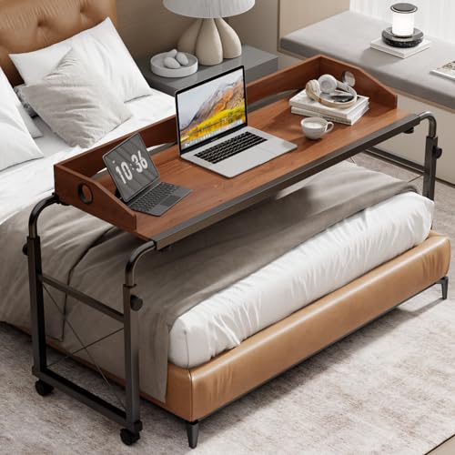 BYMECOST Laptop Desk for Bed, Adjustable Height & Length Laptop Bed Table | Overbed Table with Wheels for Queen Size Beds,Rolling Standing Desk,Over Bed Desk for Working Reading Eating - color: Oaken