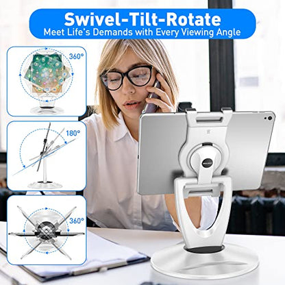 360 Rotating Tablet Stand for POS Kiosk & Desk, Foldable iPad Holder with Phone Organizer Base, Swivel Counter Mount for Retail & Office, Fits iPad Pro 12.9, Air, Mini, All 4-13” Devices - color: White