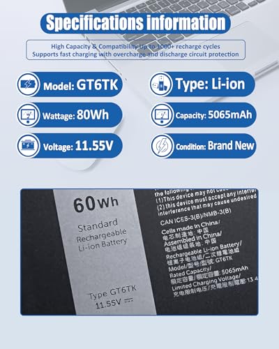 60Wh GT6TK Battery Replacement for Dell Latitude 9440 9450 2-in-1 Series Notebook 0K2CPY K2CPY 0MWK05 MWK05 Battery - size: 10.47*3.98*0.19 inch GT6TK