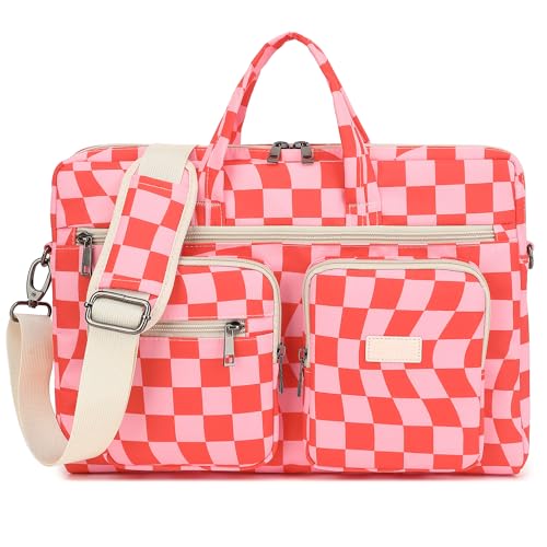 Laptop Shoulder Bag15.6inch women men Waterproof 16inch Computer Bags Women Business Office Work Bag Briefcase 14 inch case - color: Pink Checker