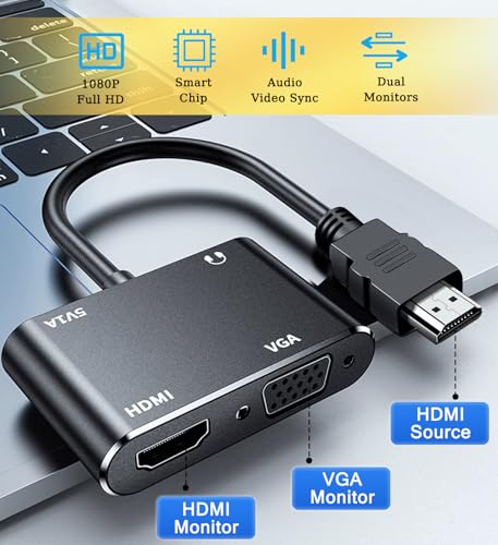 AKWOR HDMI to VGA+HDMI Adapter for Dual Monitor, HDMI to VGA & HDMI Splitter 1 to 2,1080P@60HZ Full HD Display Video Converter Compaitble with Windows/Mac Os/Linux, Plug & Play - style: HDMI to VGA + HDMI