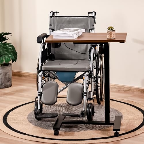 Electric Overbed Table with Wheels, Height Adjustable Bedside Sofa Couch Side Tables, C Shaped Mobile Standing Small Laptop Desk for Home Office, Dark Walnut - color: Dark Walnut