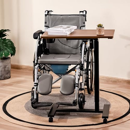 Electric Overbed Table with Wheels, Height Adjustable Bedside Sofa Couch Side Tables, C Shaped Mobile Standing Small Laptop Desk for Home Office, Dark Walnut - color: Dark Walnut