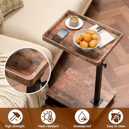 C Table Side Table Adjustable Height, 360°Swivel TV Tray Table with Wheels, Small Table for Eating, Dinner, C Shaped End Tables Living Room and Bedroom for Sofa, Couch, Bed,Chair, Snack