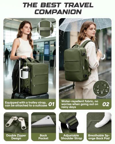 Travel Backpack for Women Men with Compression Vacuum Storage Bag & Electric Pump, Flight Approved Carry On Backpack, Frontier Spirit Airlines Personal Item Bag 18x14x8, Olive Green - color: Olive Green