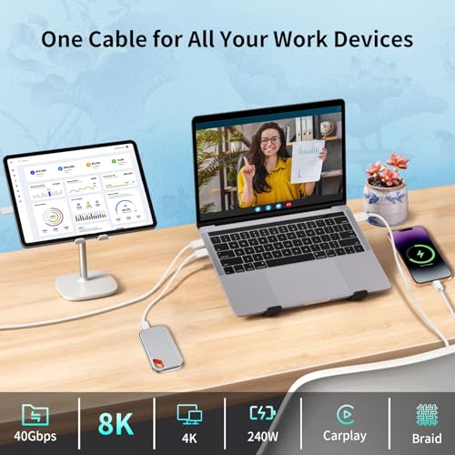 ZeroneTeck 40Gbps USB C Monitor Cable 5FT, USB4 for Thunderbolt 4/3, 8K/Dual 4K@60Hz Display, USBC Video and Data Cable, 2X Faster than USB C 3.2 Gen 2x2, 240W Charging for iPhone 17, Monitor, Carplay - size: 5FT