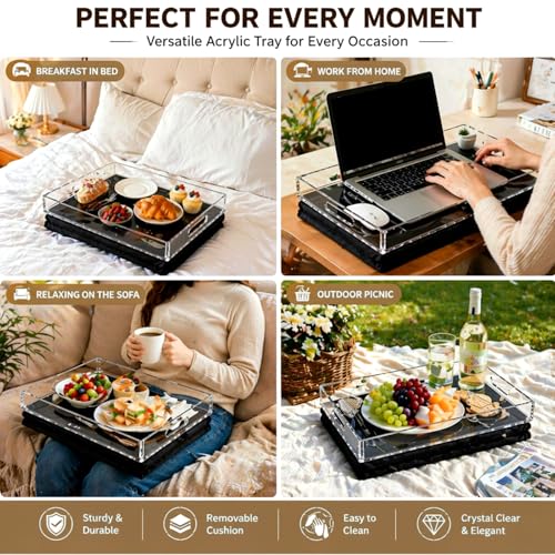 LemonRoad Acrylic Lap Tray with Detachable Pillow Cushion, 16.5'' x 13'' Portable Lap Desk with Handles for Eating in Recliner, Bed Tray Table for Laptop, Reading, Adults Housewarming Gift