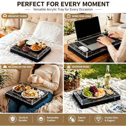LemonRoad Acrylic Lap Tray with Detachable Pillow Cushion, 16.5'' x 13'' Portable Lap Desk with Handles for Eating in Recliner, Bed Tray Table for Laptop, Reading, Adults Housewarming Gift