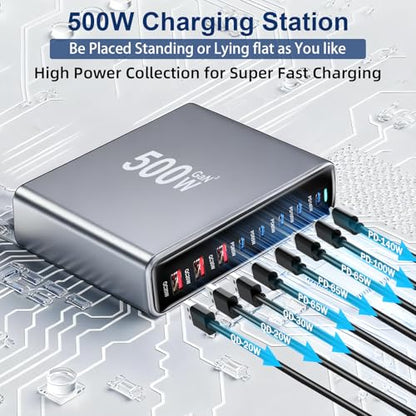 500W USB C Fast Charger Block, PD3.1 140W Multi-Port USB Charging Station, GaN Ⅲ PD PPS Fast Charging Station for Multiple Devices,Laptop Wall Charger Compatible with iPhone 17/iPad/MacBook etc - size: 500W+A 240W Braided Nylon Fast Charging Cable