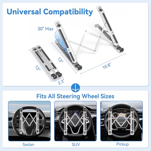 Car Laptop Desk for Steering Wheel, Heavy Duty Aluminum Foldable Tray & Workstation, Height Adjustable Computer Mount Holder for Truck SUV Tesla, Portable Travel Table