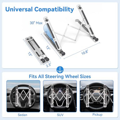 Car Laptop Desk for Steering Wheel, Heavy Duty Aluminum Foldable Tray & Workstation, Height Adjustable Computer Mount Holder for Truck SUV Tesla, Portable Travel Table