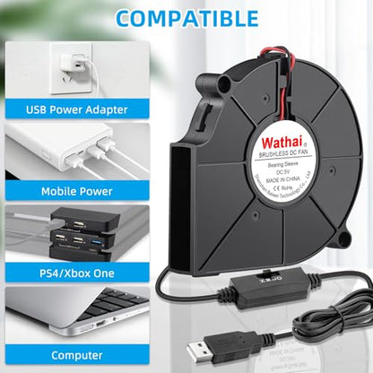 Wathai 75mm x 15mm USB Blower Cooling Fan 5V DC Turbo Small Fan DIY Cool | DC Brushless Turbo Small Computer Case Blower Fan for Cooling Electronics, Hard Hat, Helmet, and DIY Projects - size: 75mm