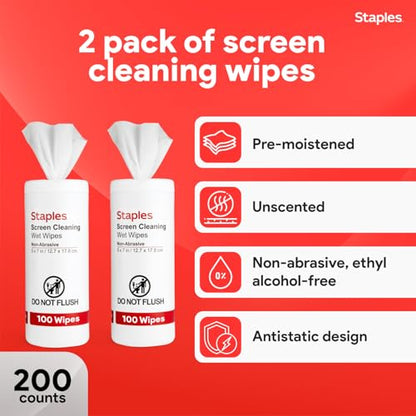 Staples Screen Cleaning Wipes – 100 per Tub, Safe for Monitors, Laptops & Electronics, 2‑Pack - size: 100 Count (Pack of 2)