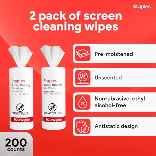 Staples Screen Cleaning Wipes – 100 per Tub, Safe for Monitors, Laptops & Electronics, 2‑Pack - size: 100 Count (Pack of 2)