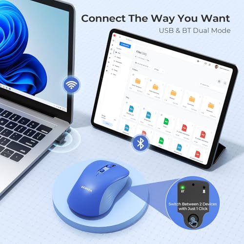 seenda Bluetooth Wireless Mouse, Dual Mode, Quiet 1600 DPI, Blue | Dual-mode Bluetooth and 2.4G USB mouse with quiet clicks, smooth tracking, ergonomic design, and 12-Months battery life - color: Blue