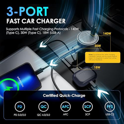 170W Car USB Charger with Built-in Heat Dissipation System, 3 Ports Car Adapter PD 3.1 140W/ PD 30W+QC18W Compatible with MacBook, Laptop, iPhone 17/16/15, Samsung Galaxy S24 (Black)