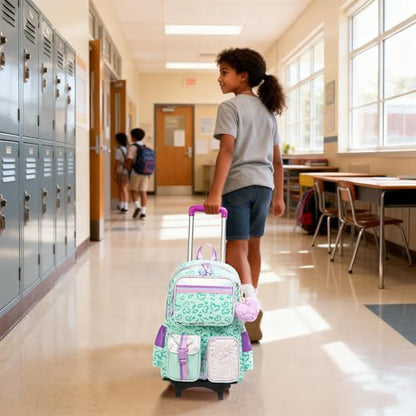 Meetbelify Backpack with Wheels for Girls Rolling Backpack Cute Carry on Backpack for Elementary Student - color: Love Green