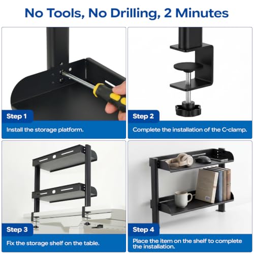 2-Tier Carbon Steel Clamp-On No Drill Desk Storage Organizer Shelf | C-clamp mounting without drilling; adjustable lower shelf holds up to 30 lbs for gaming & office supplies