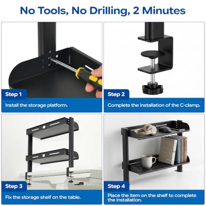 2-Tier Carbon Steel Clamp-On No Drill Desk Storage Organizer Shelf | C-clamp mounting without drilling; adjustable lower shelf holds up to 30 lbs for gaming & office supplies