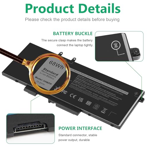 ASUNCELL 68Wh 3HWPP Laptop Battery Replacement for Dell Latitude 5401 5410 5411 5501 5510 5511 Precision 3541 3551 Inspiron 7706 2-in-1, 17 7500/7506 2-in-1 Black 10X1J N2NLL 1VY7F 451-BCMN 15.2V - size: 3HWPP 10.83 * 5.12 * 0.73 in