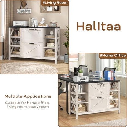 Halitaa 44" Farmhouse Lateral File Cabinet with 2 Drawers, White and Black | Filing Cabinet with Lock for Legal/A4/Letter, Wooden Printer Stand Office Furniture with Adjustable Shelves for Home Office - color: Simple White and Black