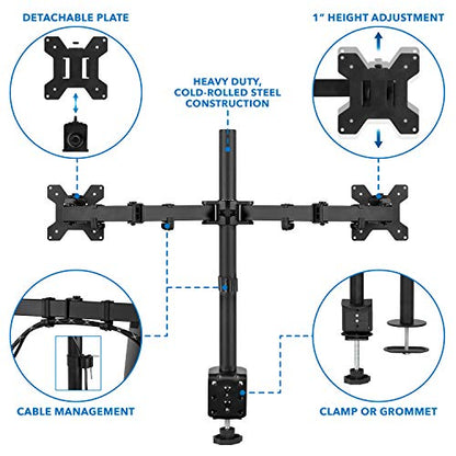 Mount-It! Dual Monitor Mount | Double Monitor Desk Stand | Interchangeable C-Clamp and Grommet Base | Two Heavy Duty Height Adjustable Arms Fit 2 Computer Screens 19 21.5 24 27 32 Inches | VESA 75 100